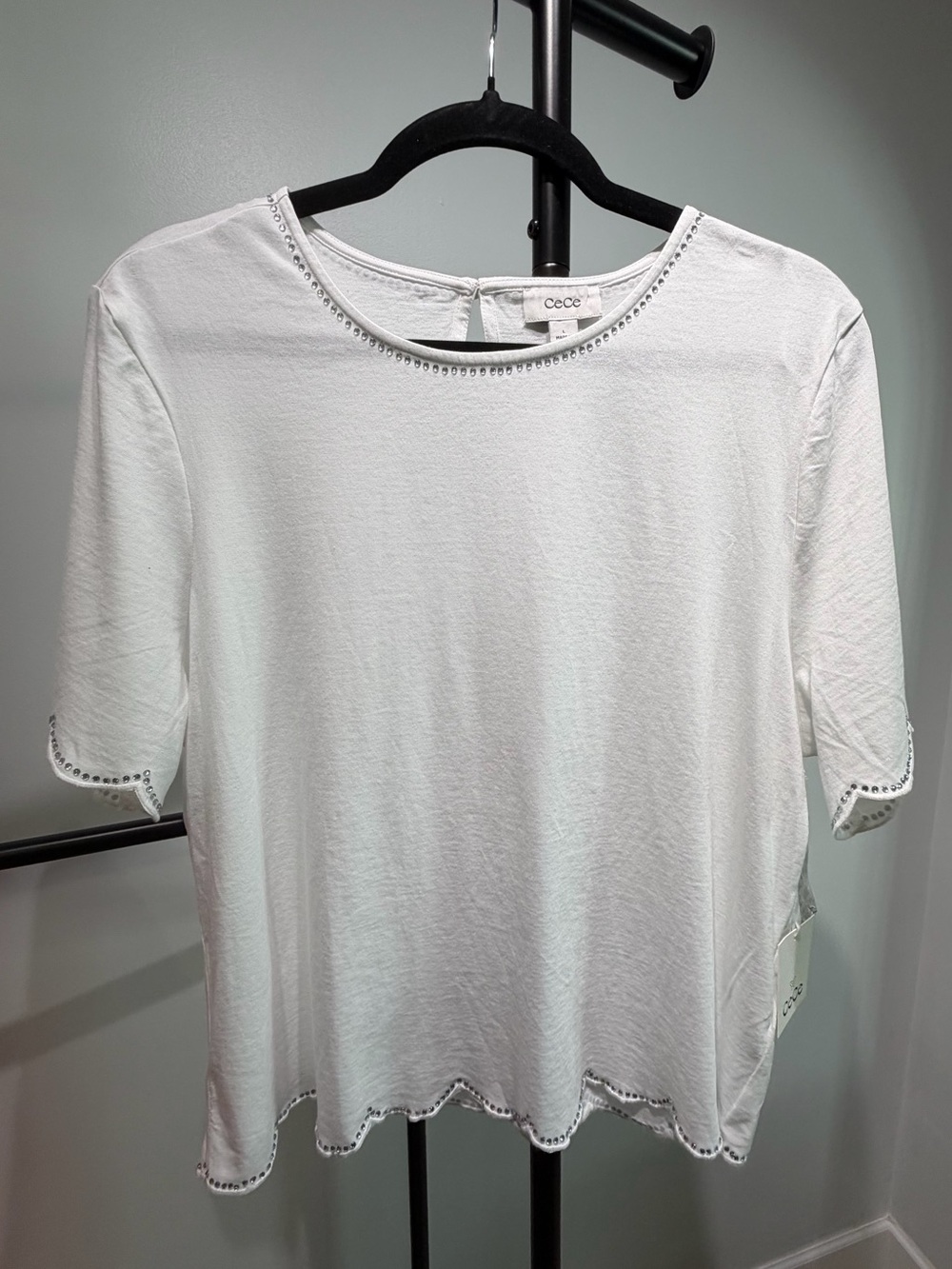 CeCe White Short Sleeve Top Rhinestone Trim